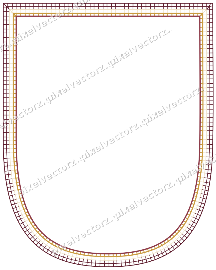 Decorative line art frame in dark pink and amber with shield