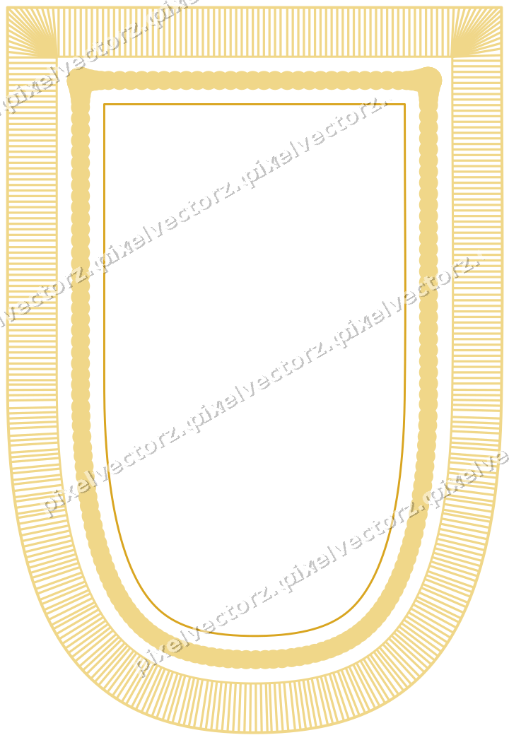 Decorative line art frame in amber and purple with shield and hatching