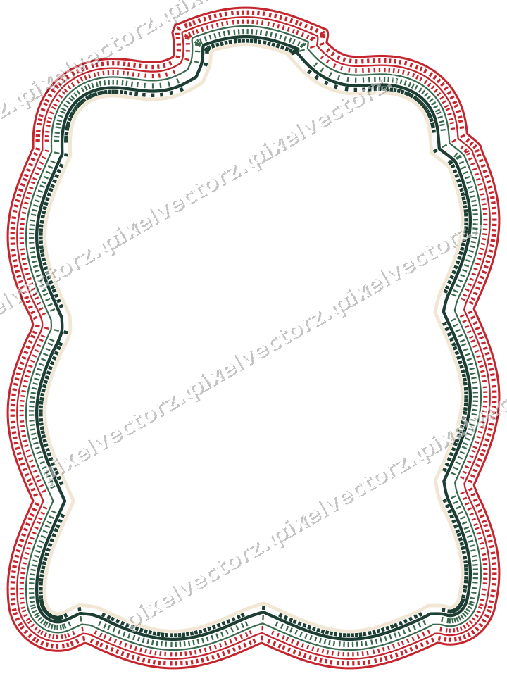 Decorative line art frame in dark green and red with label plaque