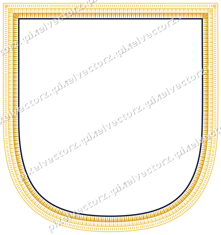 Decorative line art frame in amber and blue with shield