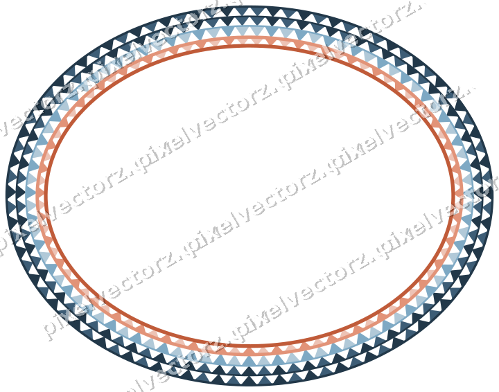 Decorative line art frame in orange and cyan with oval and dentil