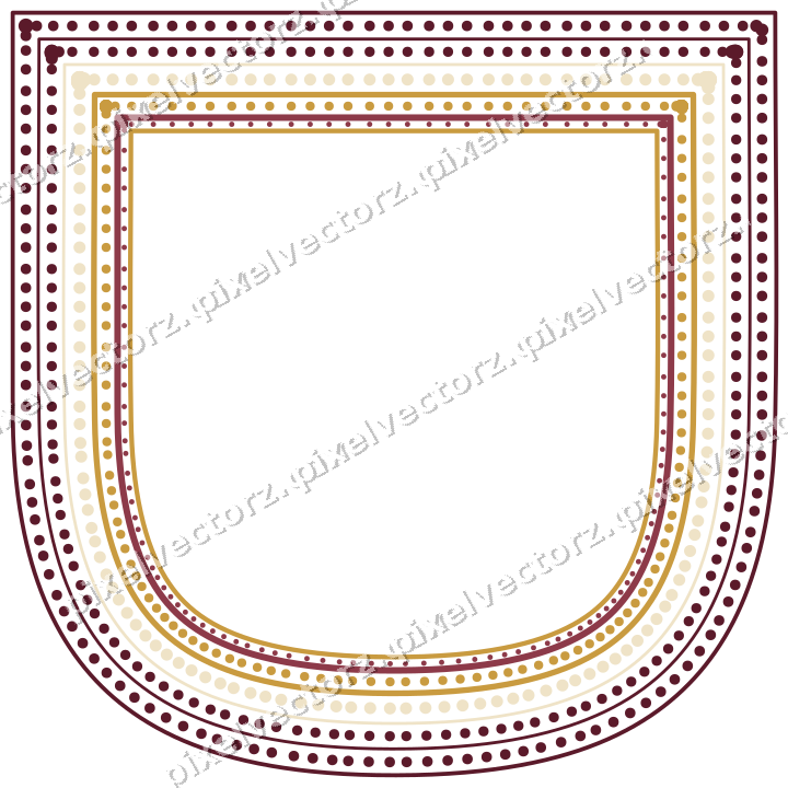 Decorative line art frame in dark pink and amber with shield