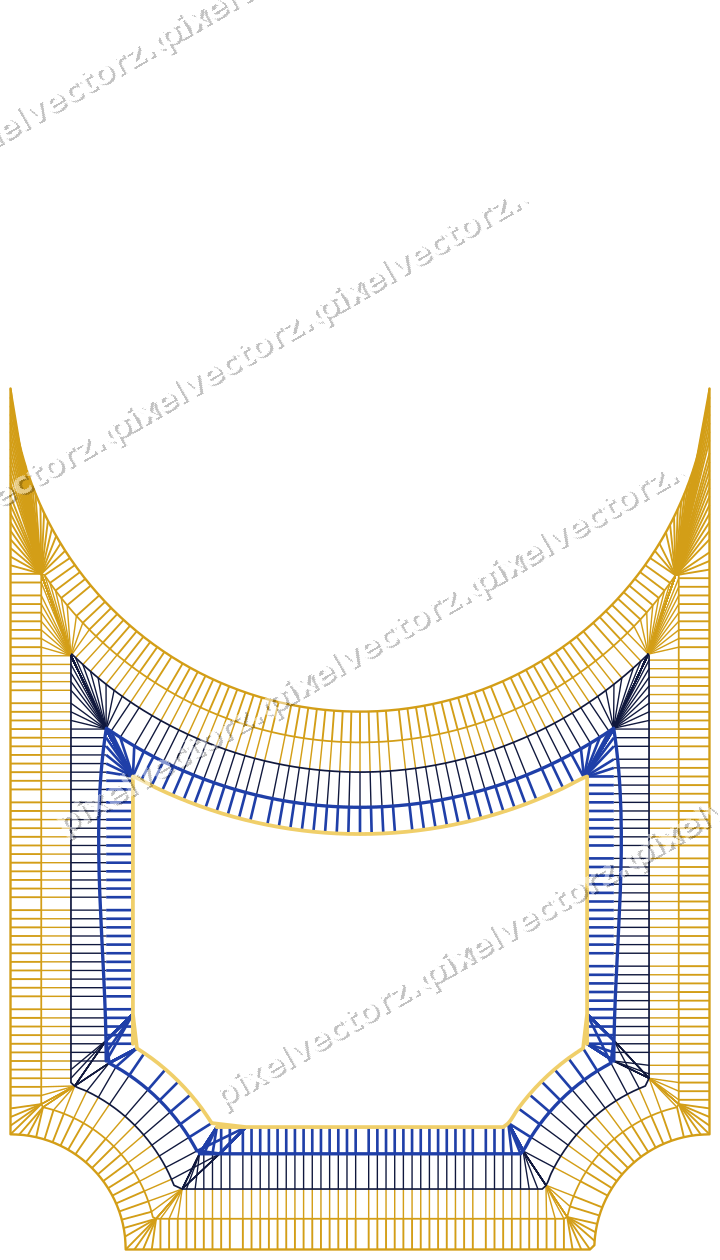 Decorative line art frame in amber and blue with label plaque
