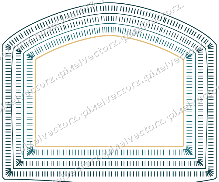 Decorative line art frame in amber and dark teal with label plaque
