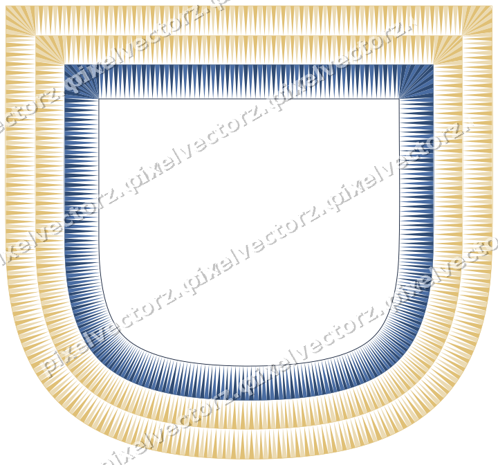 Decorative line art frame in dark blue and amber with shield