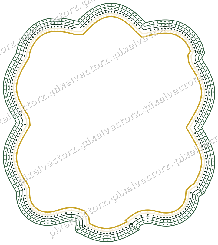 Decorative line art frame in dark green and amber with label plaque