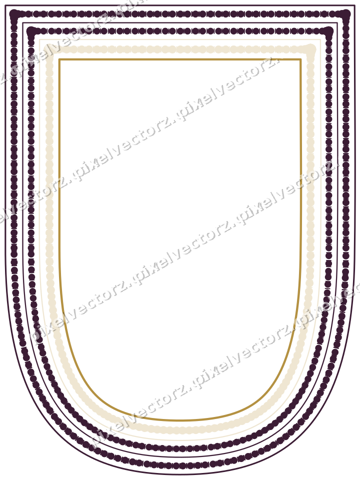 Decorative line art frame in dark magenta and amber with shield