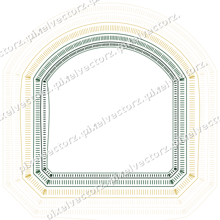 Decorative line art frame in dark green and amber with label plaque