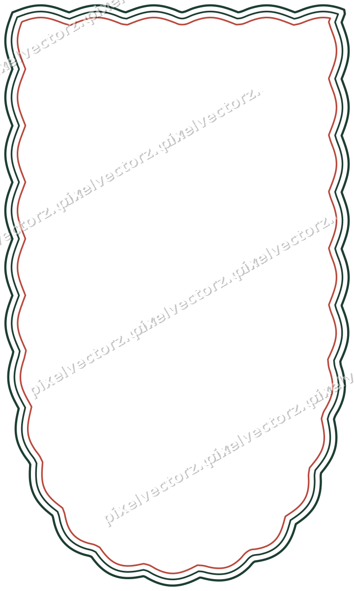 Decorative line art frame in dark red and dark green with shield