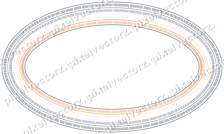 Decorative line art frame in blue and orange with oval and dashed line