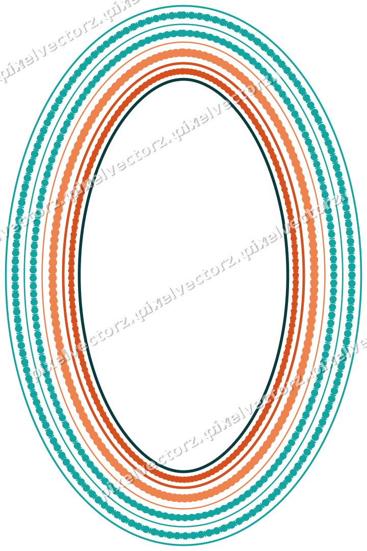 Decorative line art frame in orange and teal with oval and beaded line