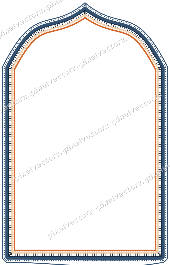 Decorative line art frame in dark blue and orange with label plaque