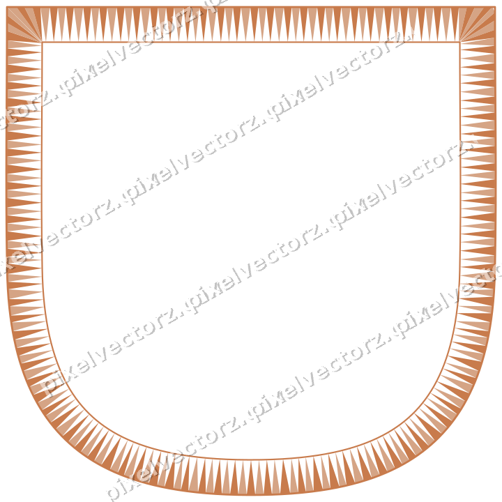 Decorative line art frame in orange and blue with shield and dentil