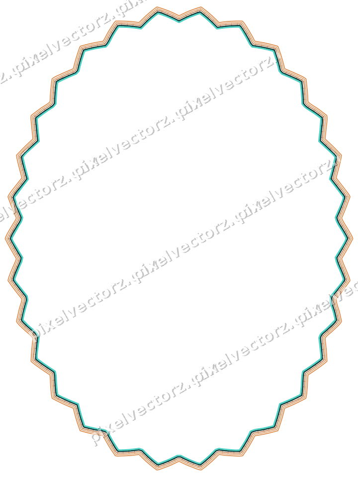 Decorative line art frame in orange and teal with oval and zigzag edge