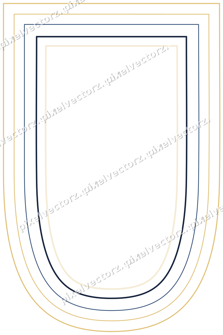Decorative line art frame in dark blue and amber with shield