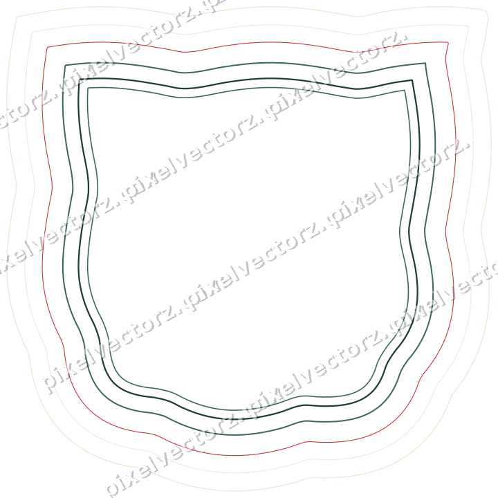 Decorative line art frame in dark green and red with shield