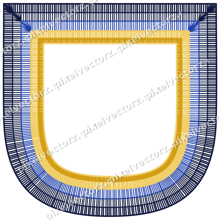 Decorative line art frame in amber and blue with shield and hatching