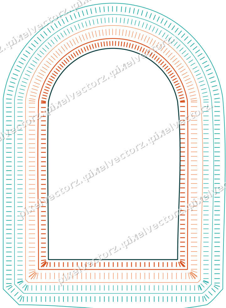 Decorative line art frame in orange and teal with label plaque