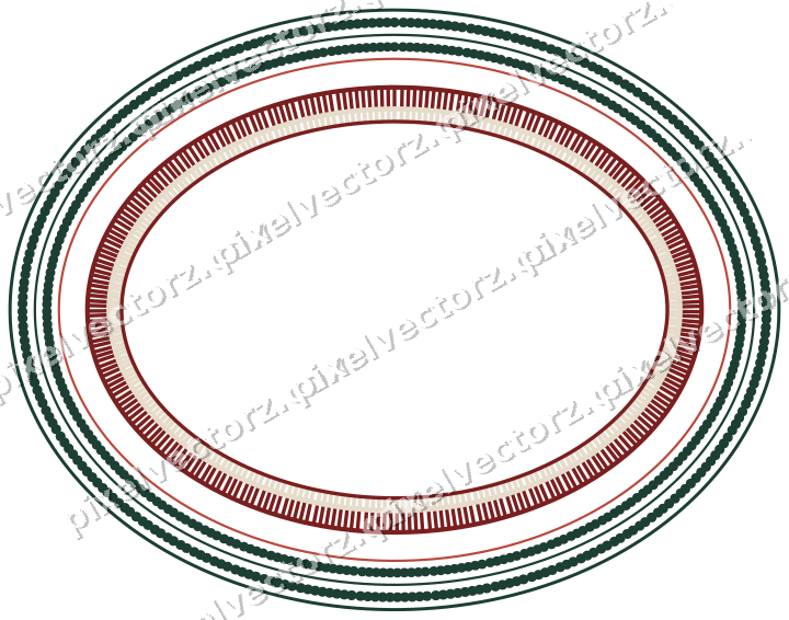 Decorative line art frame in dark red and dark green with oval