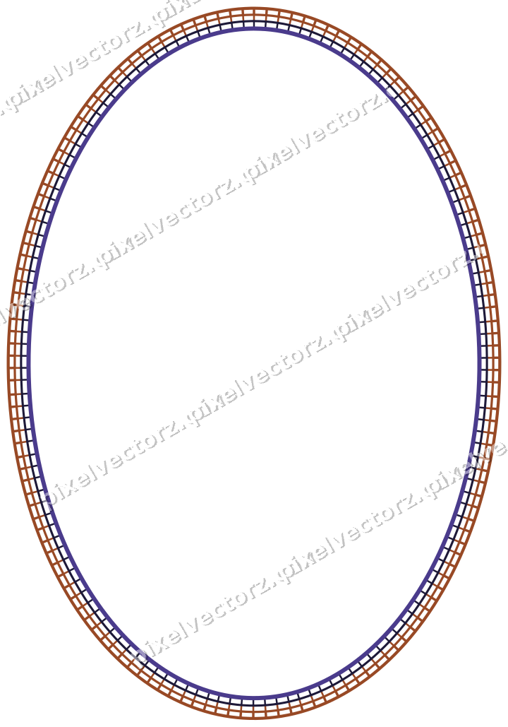 Decorative line art frame in orange and blue with oval and hatching