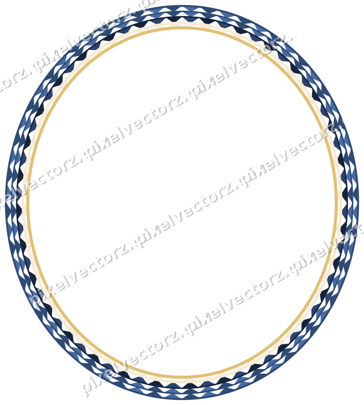 Decorative line art frame in dark blue and amber with oval and dentil