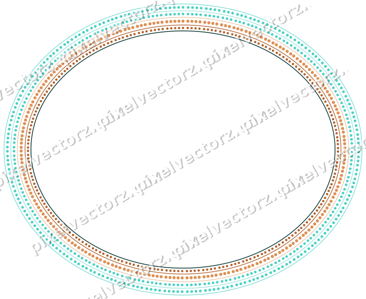 Decorative line art frame in orange and teal with oval and dotted line