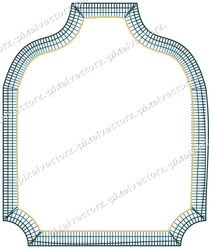 Decorative line art frame in amber and dark teal with label plaque