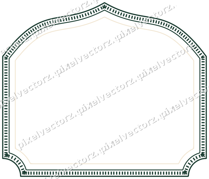 Decorative line art frame in dark green and red with label plaque