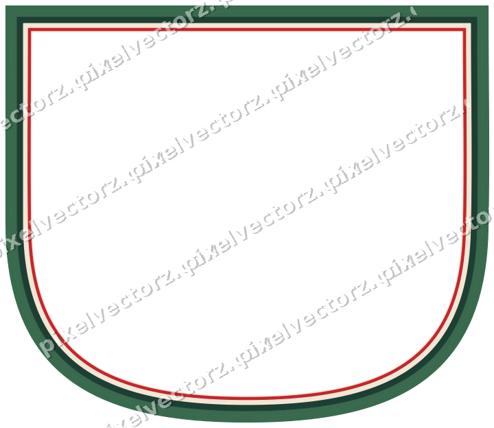 Decorative line art frame in dark green and red with shield