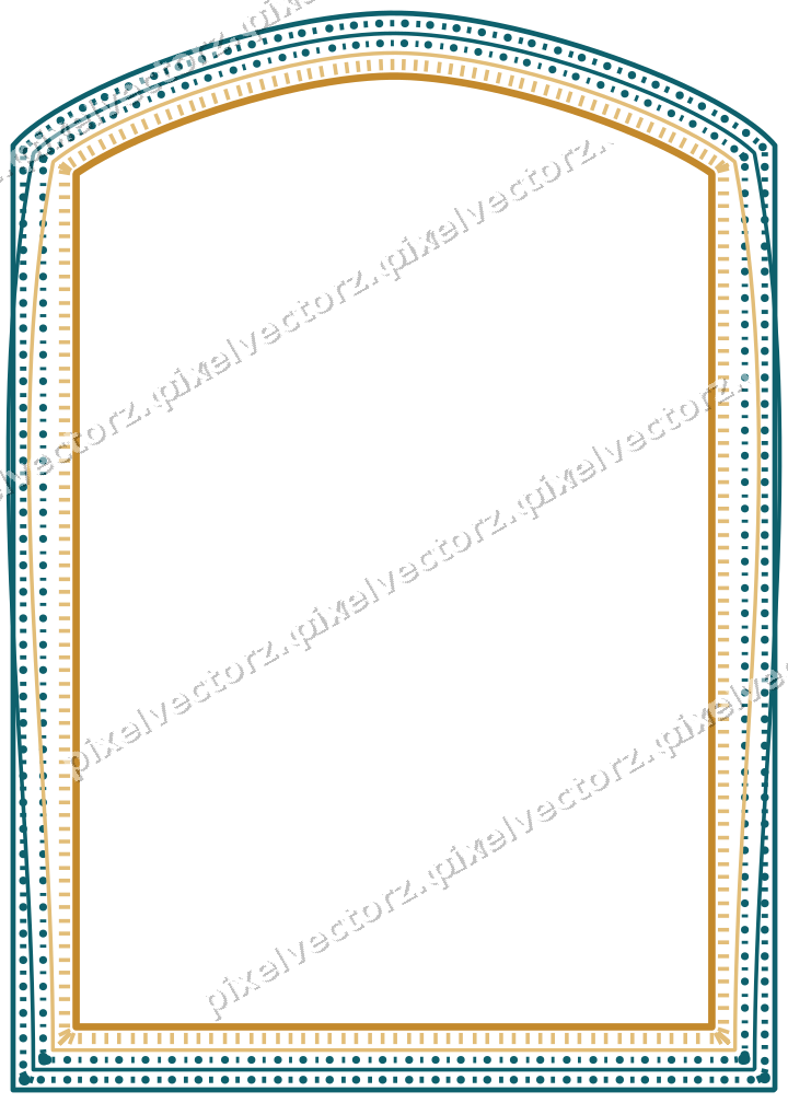 Decorative line art frame in amber and dark teal with label plaque