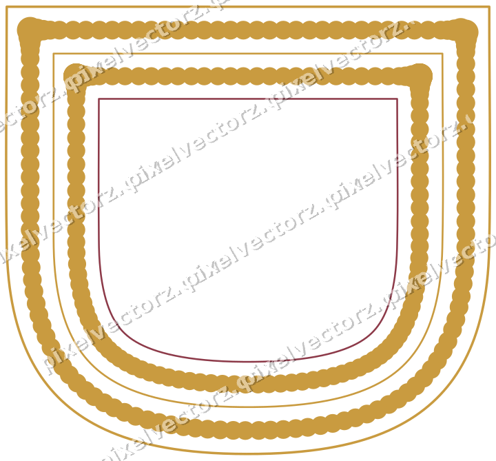 Decorative line art frame in dark pink and amber with shield
