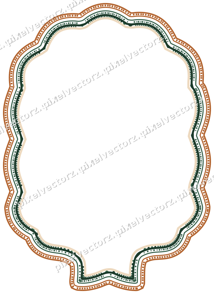 Decorative line art frame in dark green and orange with label plaque