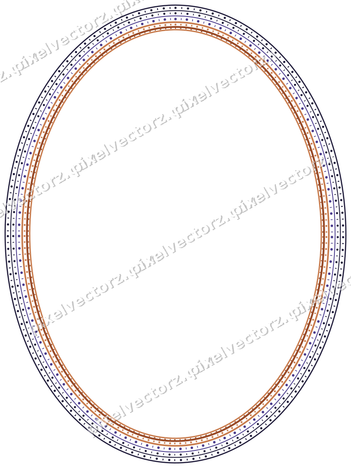 Decorative line art frame in orange and blue with oval and beaded line
