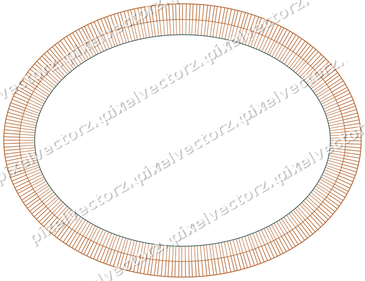 Decorative line art frame in orange and teal with oval and hatching