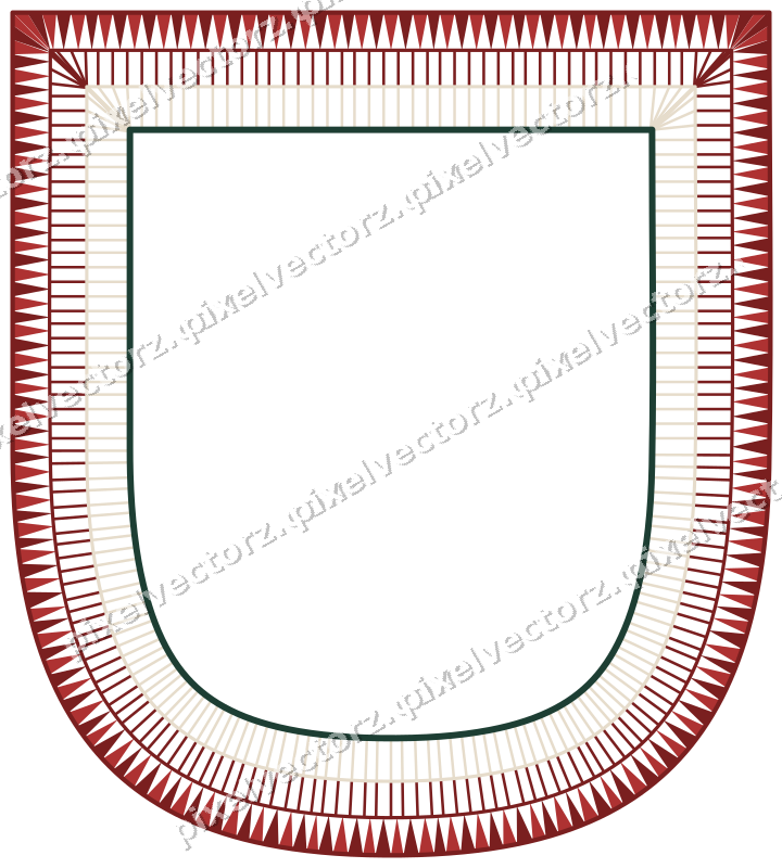Decorative line art frame in dark red and dark green with shield