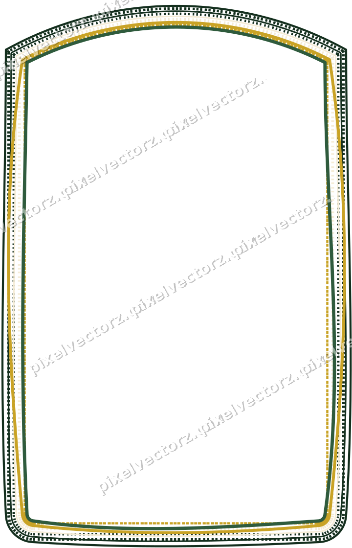 Decorative line art frame in dark green and amber with label plaque
