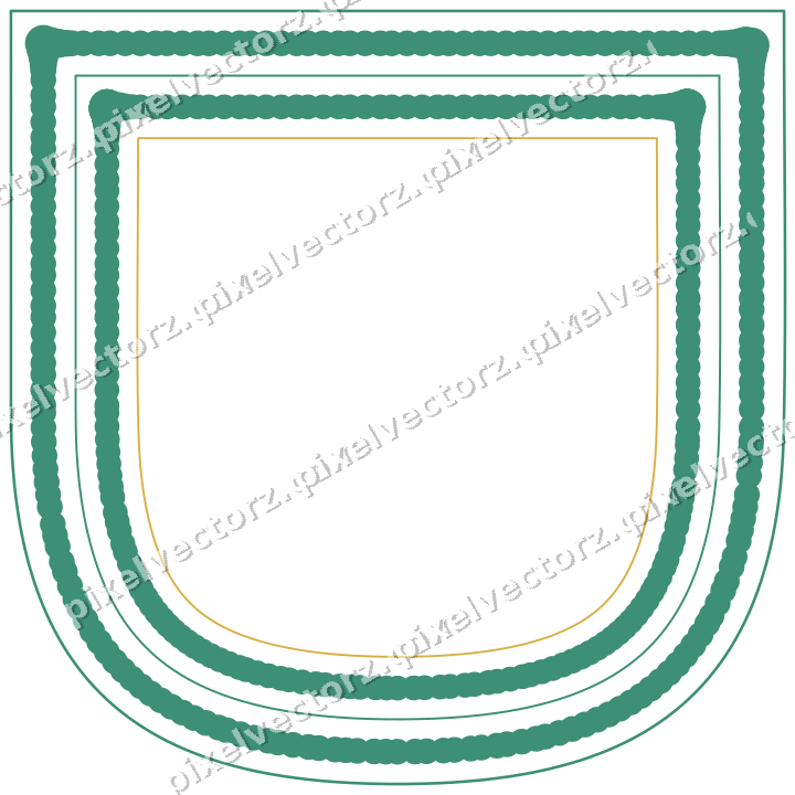 Decorative line art frame in amber and green with shield
