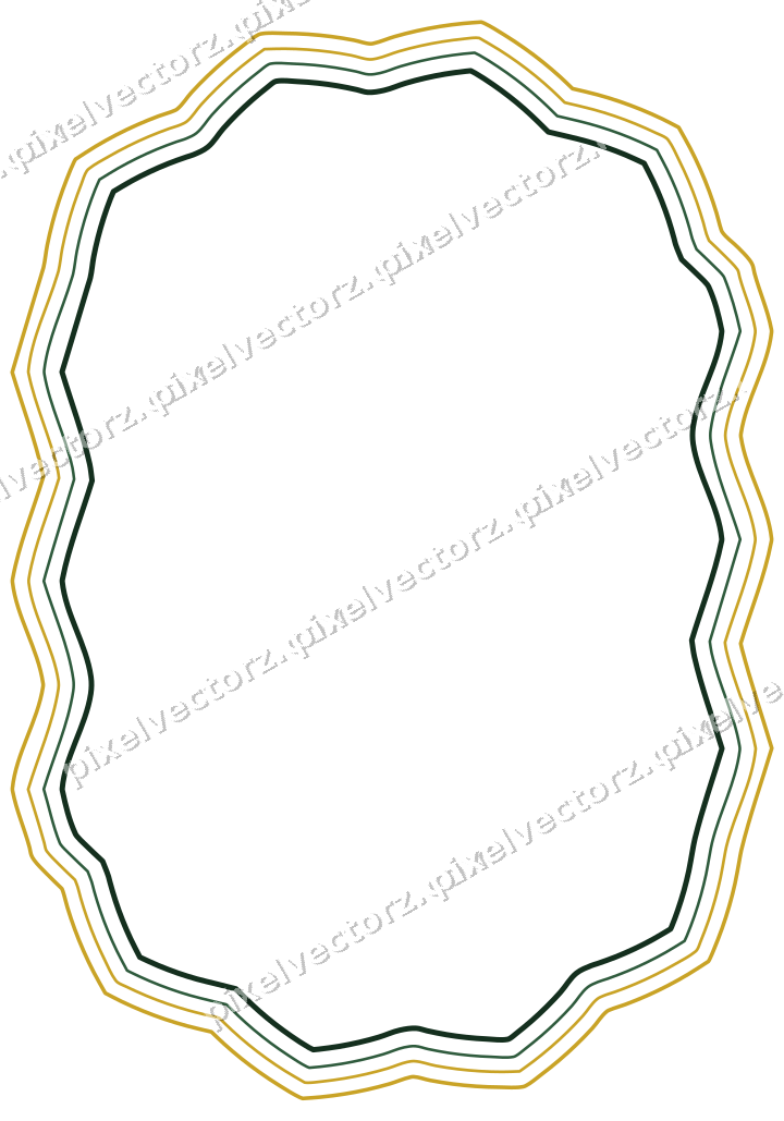 Decorative line art frame in dark green and amber with label plaque