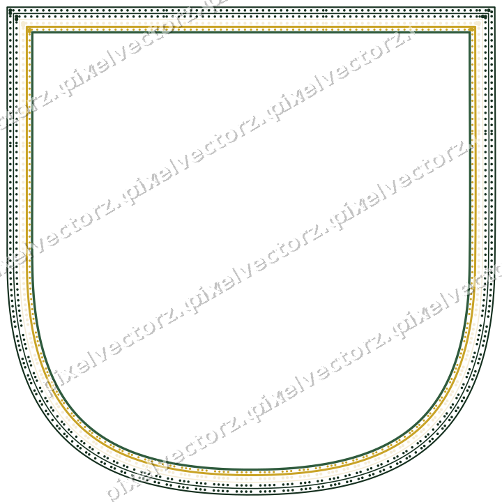 Decorative line art frame in dark green and amber with shield