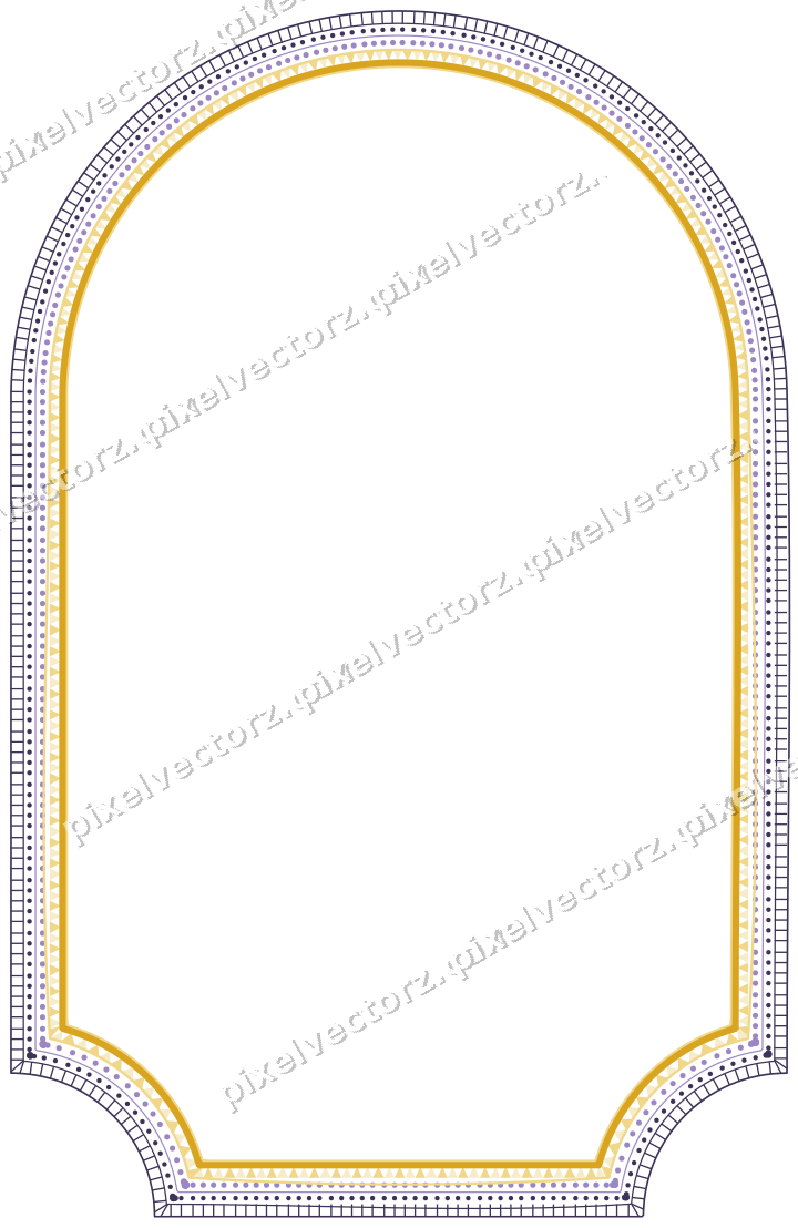 Decorative line art frame in amber and purple with label plaque