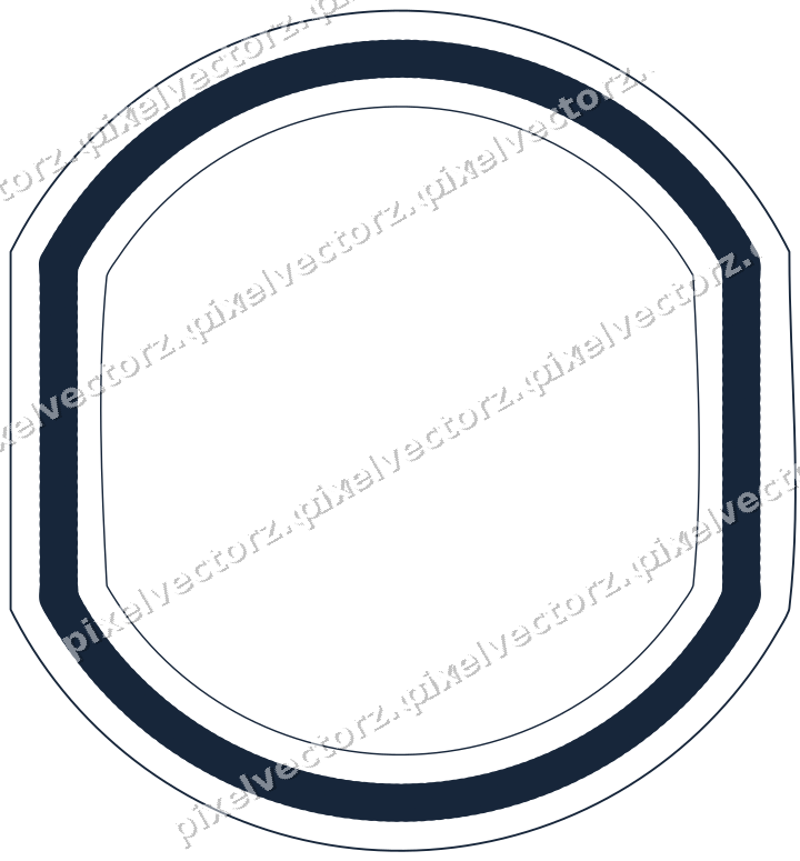 Decorative line art frame in dark blue and orange with label plaque