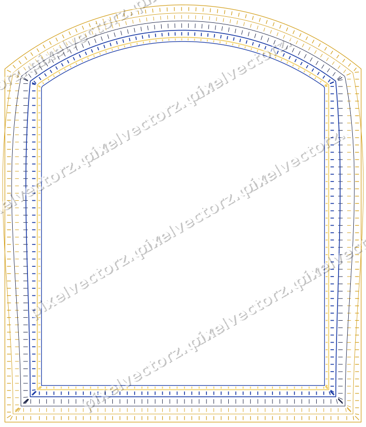 Decorative line art frame in amber and blue with label plaque