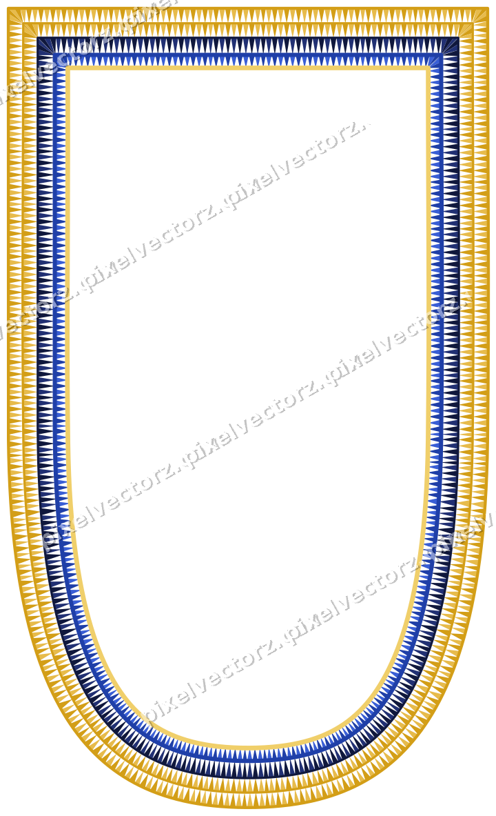 Decorative line art frame in amber and blue with shield and dentil