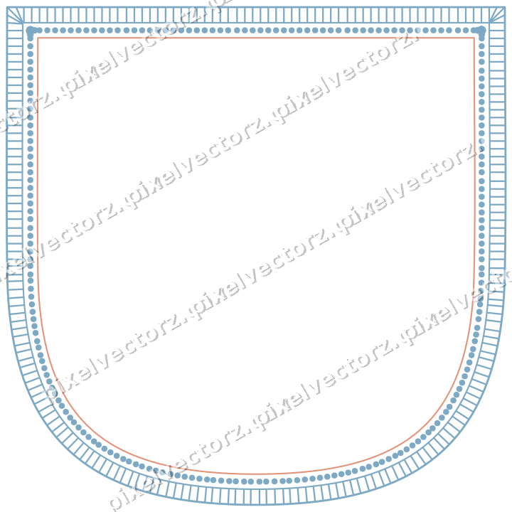 Decorative line art frame in orange and cyan with shield and hatching