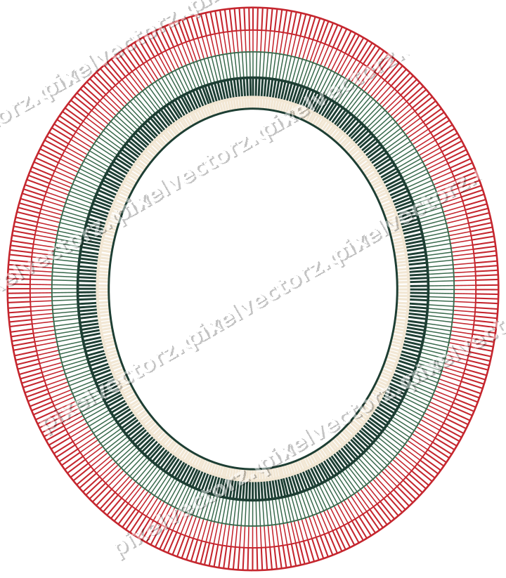 Decorative line art frame in dark green and red with oval and hatching