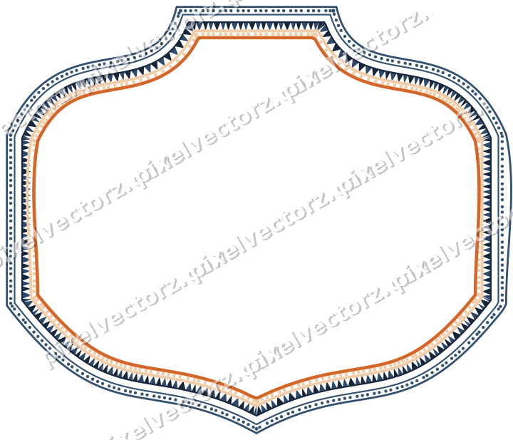 Decorative line art frame in dark blue and orange with label plaque