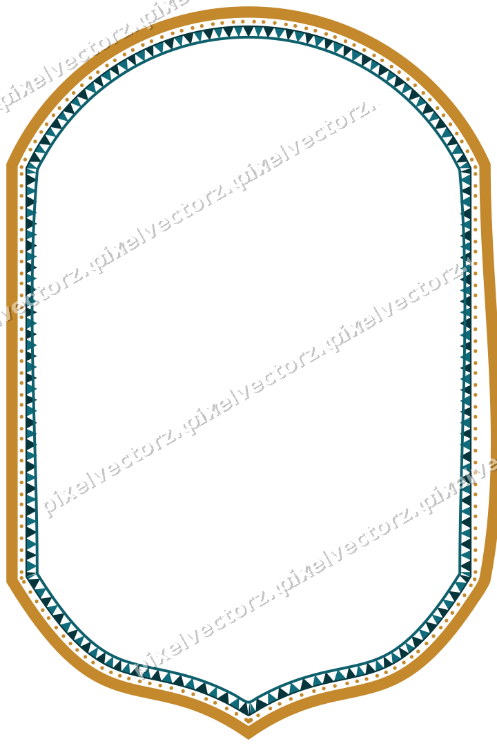 Decorative line art frame in amber and dark teal with label plaque