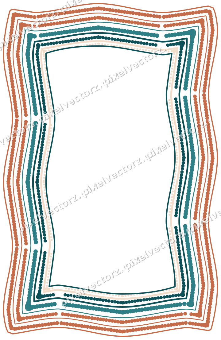 Decorative line art frame in dark teal and orange with label plaque