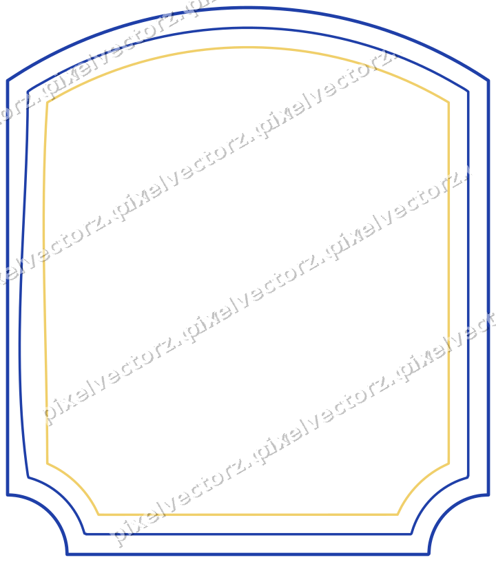 Decorative line art frame in amber and blue with label plaque