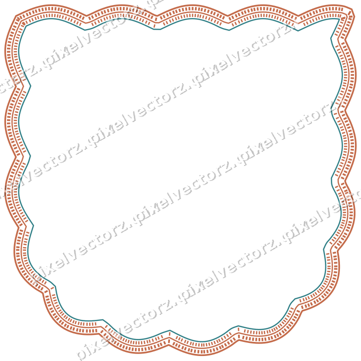 Decorative line art frame in dark teal and orange with shield